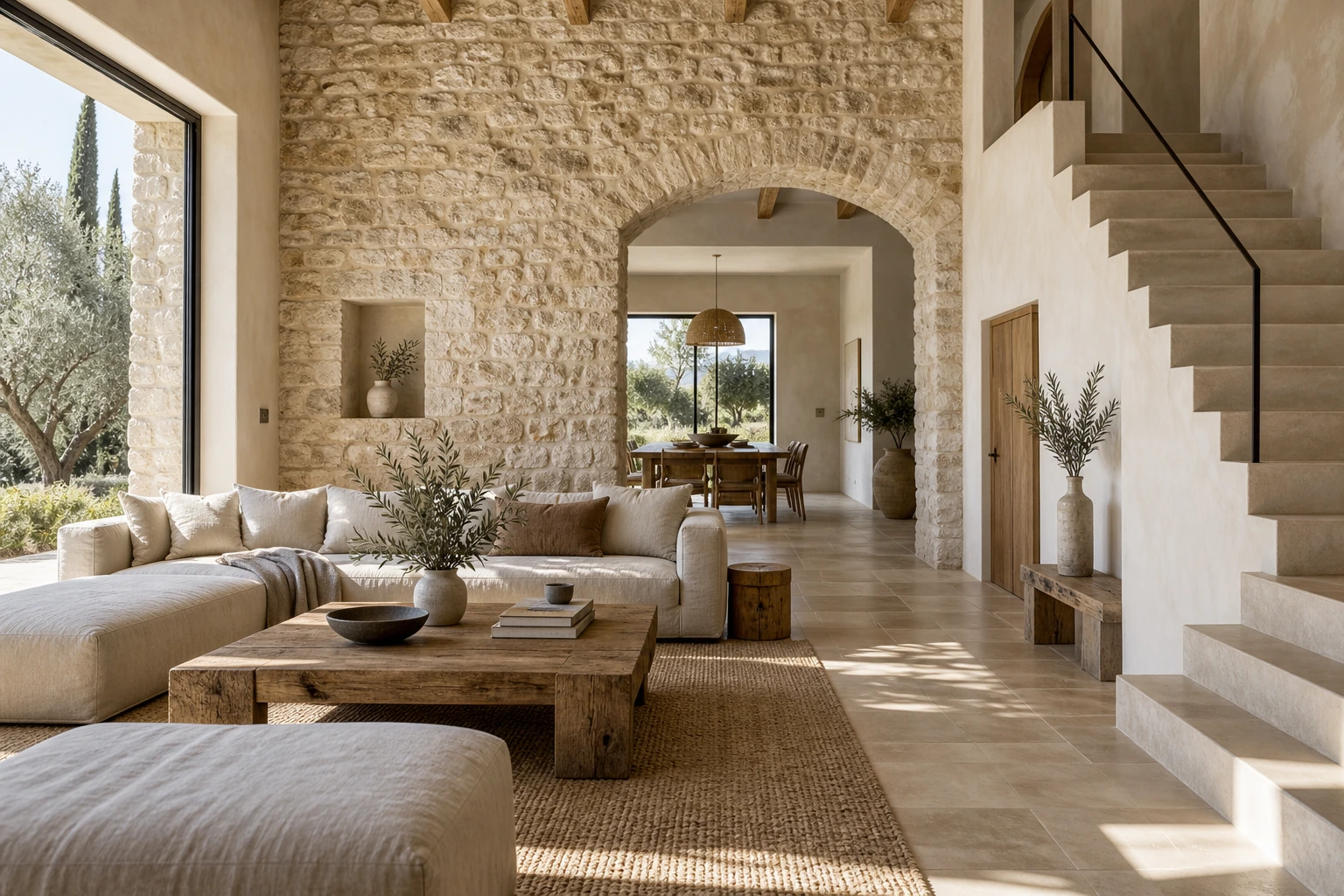 Détail d’un intérieur rénové en pierre et bois